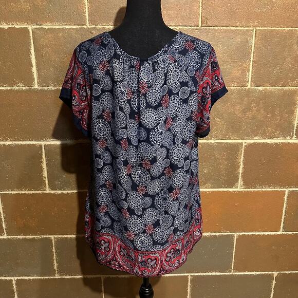 Christopher & Banks Navy Red Medallion Print Boho Top Blouse Women's L Large - Picture 5 of 8